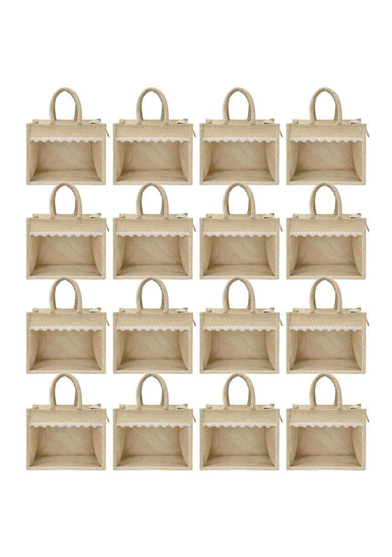 Alter Jute Gift Hamper Bag with Transparent Window and Lace Reusable Return Gift Bag for Wedding Favors - Indya