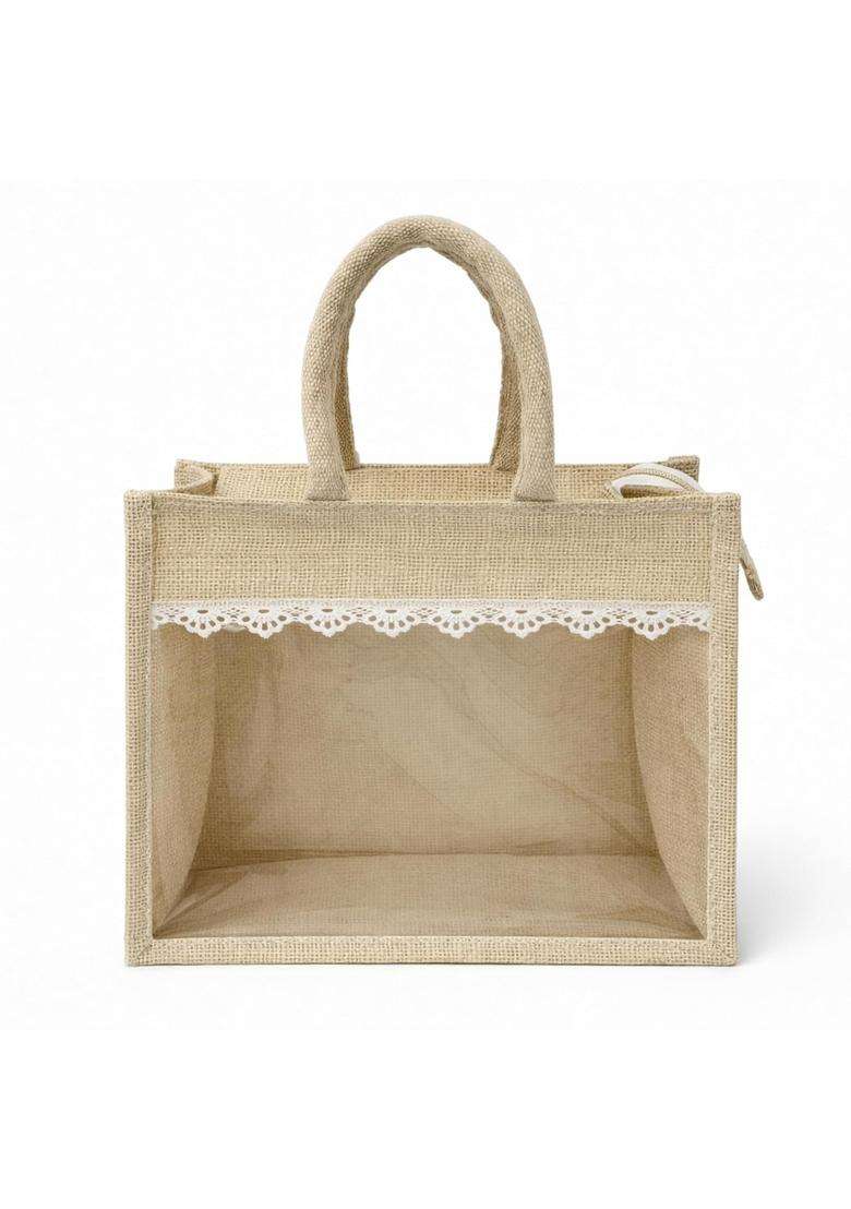 Alter Jute Gift Hamper Bag with Transparent Window and Lace Reusable Return Gift Bag for Wedding Favors - Indya