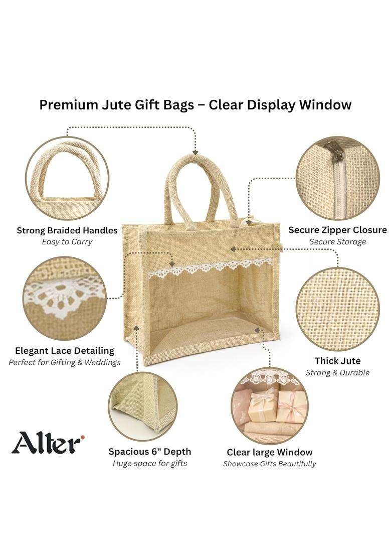 Alter Jute Gift Hamper Bag with Transparent Window and Lace Reusable Return Gift Bag for Wedding Favors - Indya