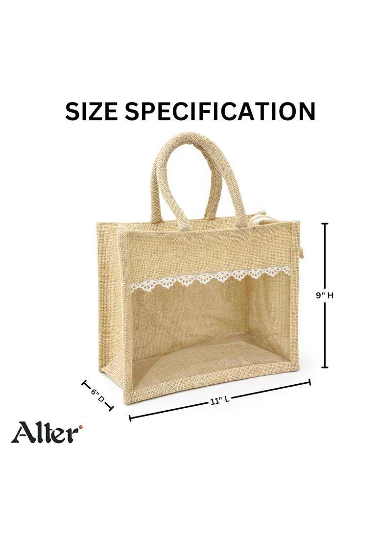 Alter Jute Gift Hamper Bag with Transparent Window and Lace Reusable Return Gift Bag for Wedding Favors - Indya