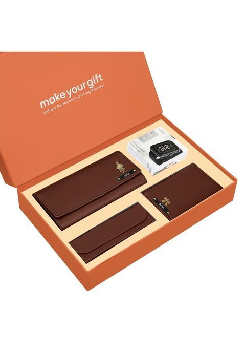Makeyourgift Brown Personalized Clutch Passport Cover Eyewear Case and Watch Gift Hamper for Her