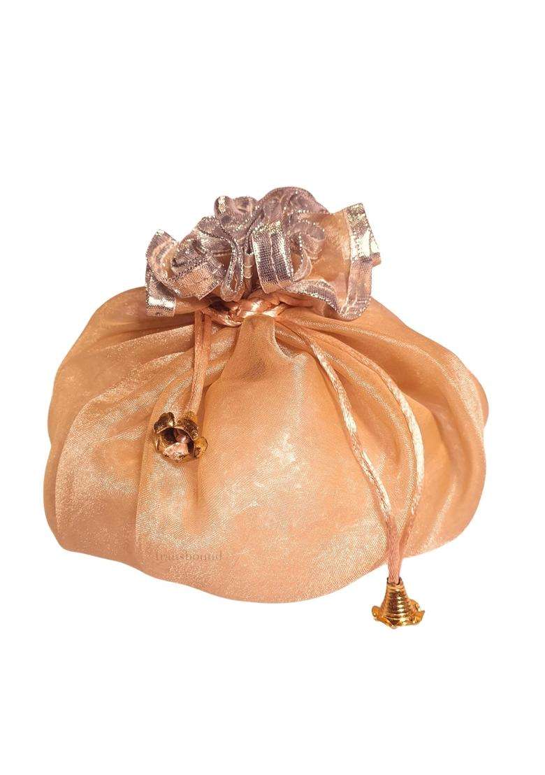 Transbound 50 Pcs Reversible Round Organza Drawstring Potli Bags with Gota Lace for Weddings Return Gifts - Indya