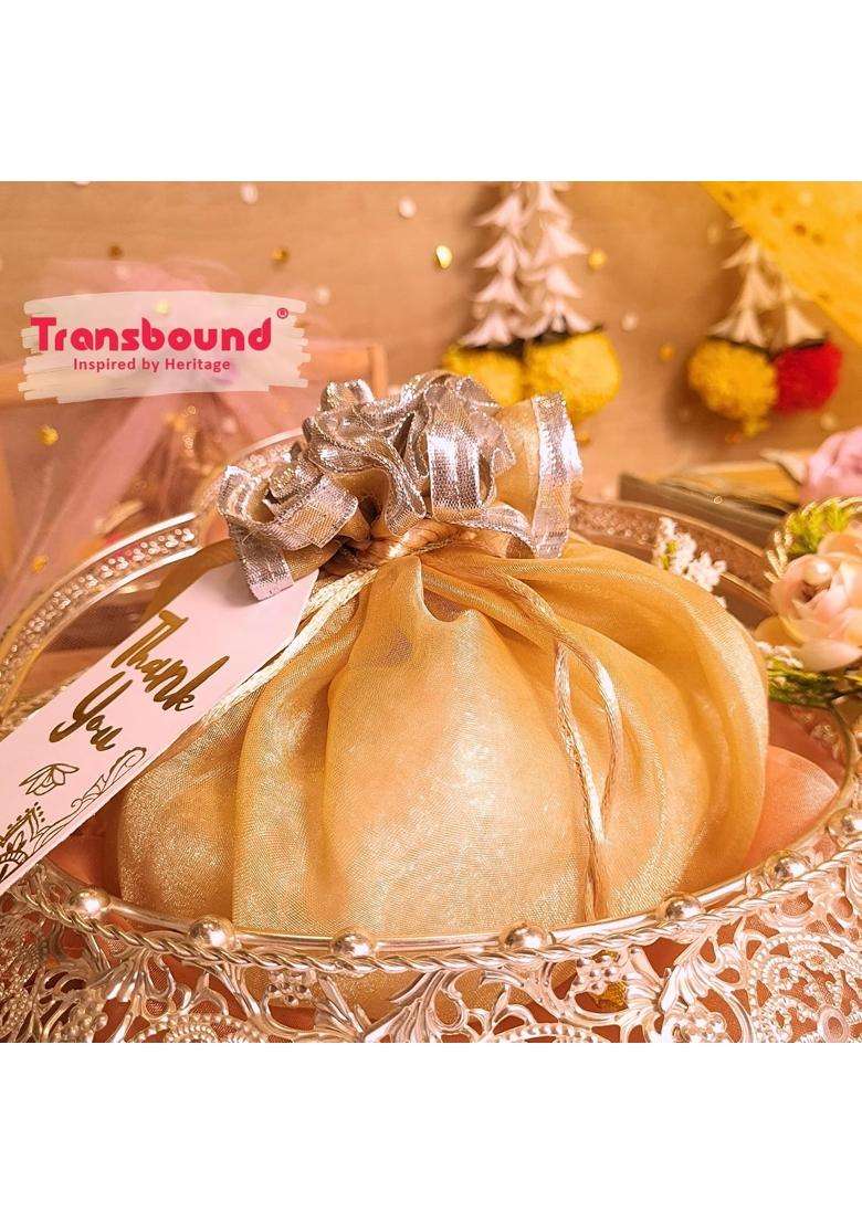 Transbound 50 Pcs Reversible Round Organza Drawstring Potli Bags with Gota Lace for Weddings Return Gifts - Indya