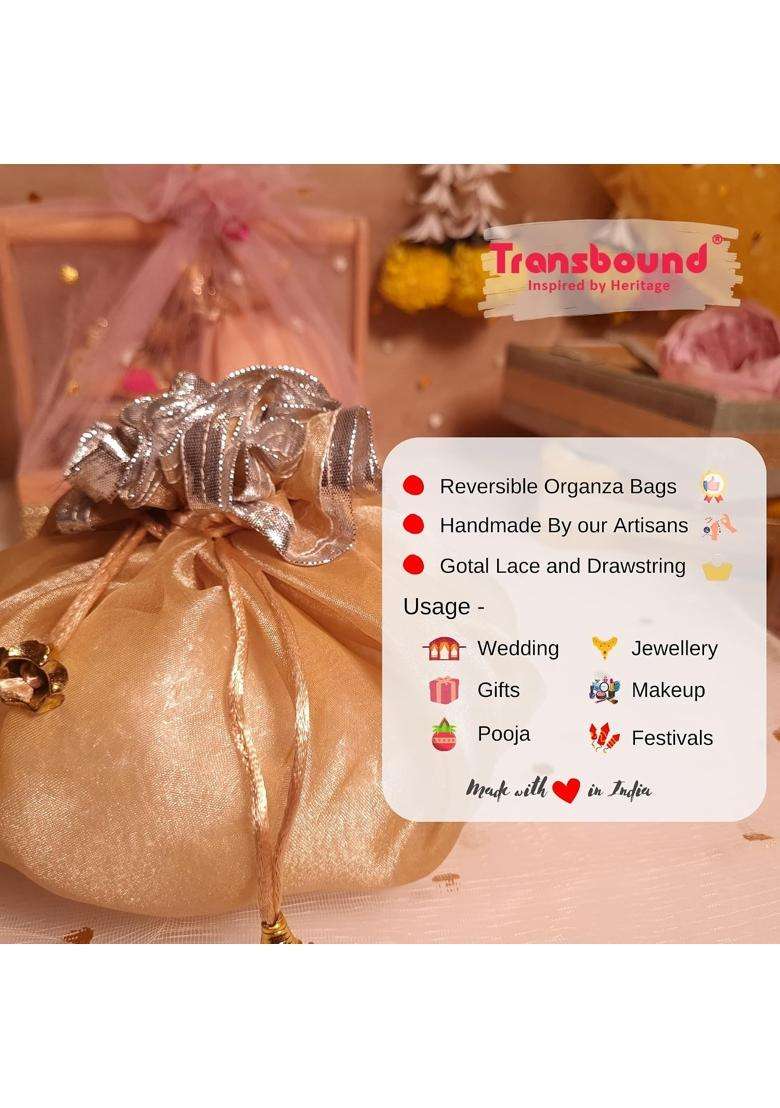 Transbound 50 Pcs Reversible Round Organza Drawstring Potli Bags with Gota Lace for Weddings Return Gifts - Indya