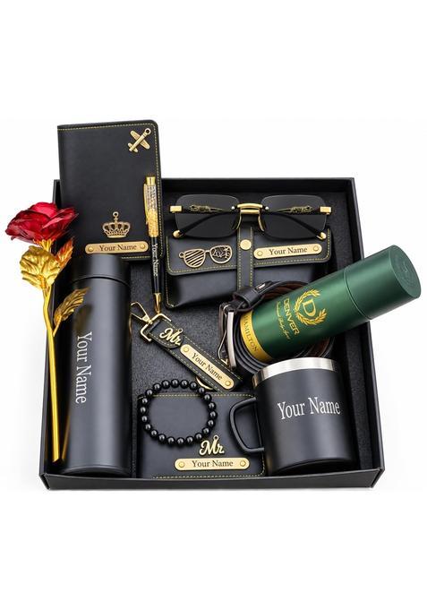 Sirdaksh Customized Gift Hamper for Men Personalized Gift for Men Black Combo Set with Wallet Bottle Pack of 12