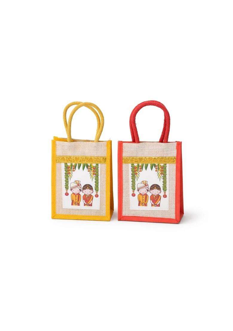 Red Pixel BAGS Wedding Jute Gift Bag 8x10x4 and Half Inches Reusable Hamper and Return Gift Bag with Closure - Indya