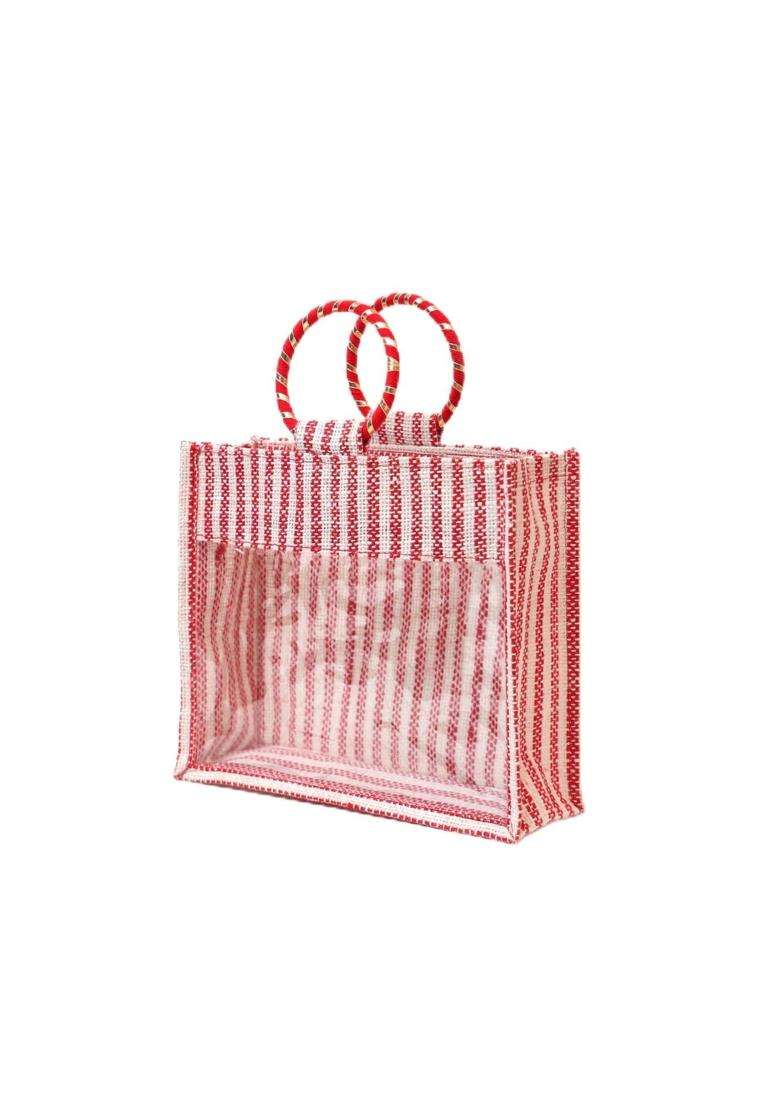Red Atote Jute Gift Hamper Bag with Transparent Window Eco Friendly Bag for Wedding Gifting Return Gifts - Indya