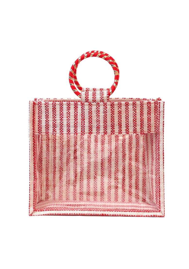 Red Atote Jute Gift Hamper Bag with Transparent Window Eco Friendly Bag for Wedding Gifting Return Gifts - Indya