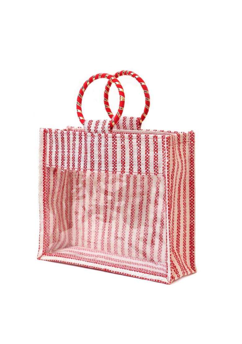 Red Atote Jute Gift Hamper Bag with Transparent Window Eco Friendly Bag for Wedding Gifting Return Gifts - Indya