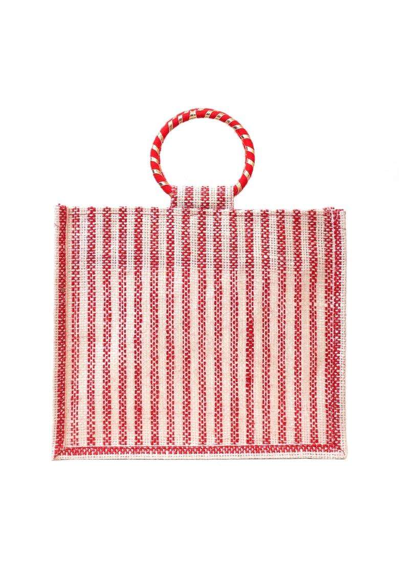 Red Atote Jute Gift Hamper Bag with Transparent Window Eco Friendly Bag for Wedding Gifting Return Gifts - Indya