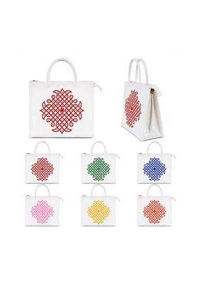 Anumala White Canvas Wedding Return Gift Thamboolam Bag with Red Kolam Design and Zipper for Pooja Pack of 20