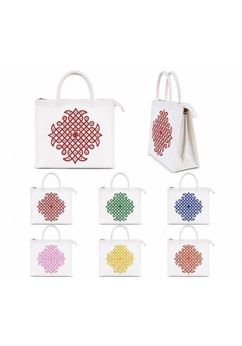 Anumala White Canvas Wedding Return Gift Thamboolam Bag with Red Kolam Design and Zipper for Pooja Pack of 20