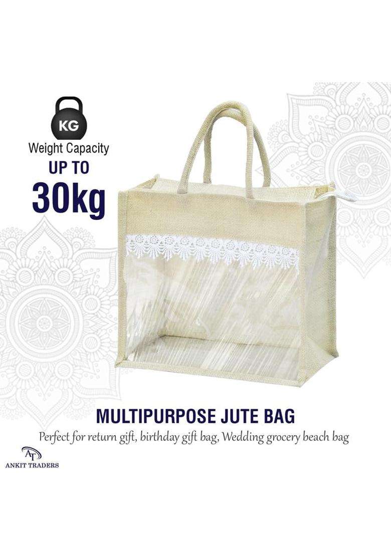 Rishabh Overseas Jute Bags for Women Eco Friendly Bag with Front Transparent Window Pack of 36 - Indya