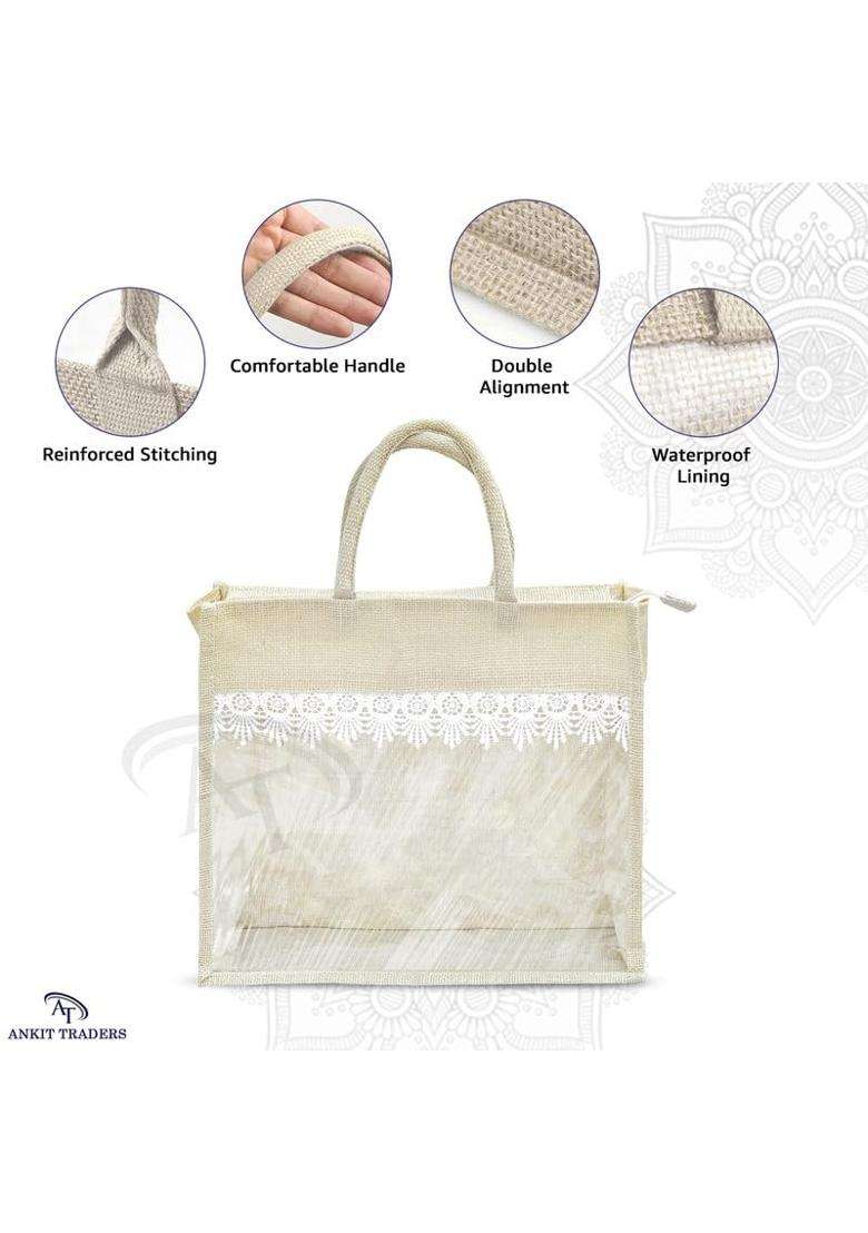 Rishabh Overseas Jute Bags for Women Eco Friendly Bag with Front Transparent Window Pack of 36 - Indya
