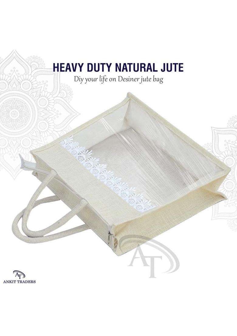 Rishabh Overseas Jute Bags for Women Eco Friendly Bag with Front Transparent Window Pack of 36 - Indya