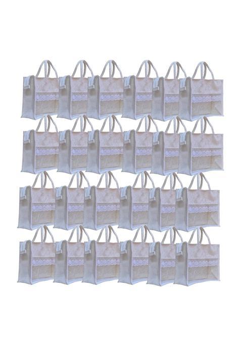 Anumala Bags World White Jute Hamper Bag 24 Pcs White Transparent Front PVC Window with Lace Border Zipper