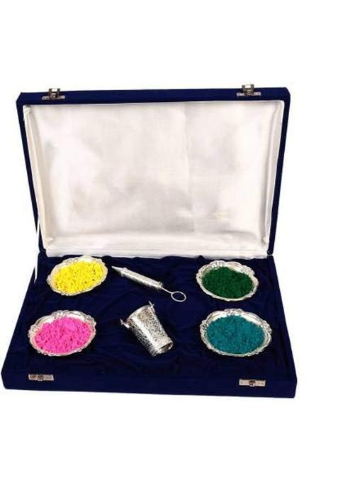Relbees Holi Gift Hamper of Silver Plated Pichkari Bucket 4 German Silver Bowls Gift Box for Holi Return Gift