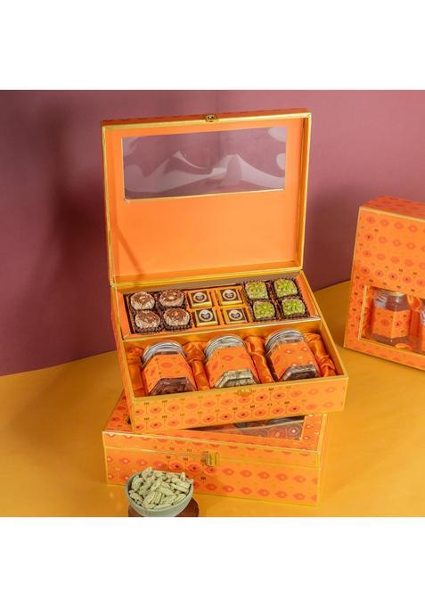 Jaiccha Ghasitaram Gifts Orange Print Wedding Hamper Box Bhaji Box