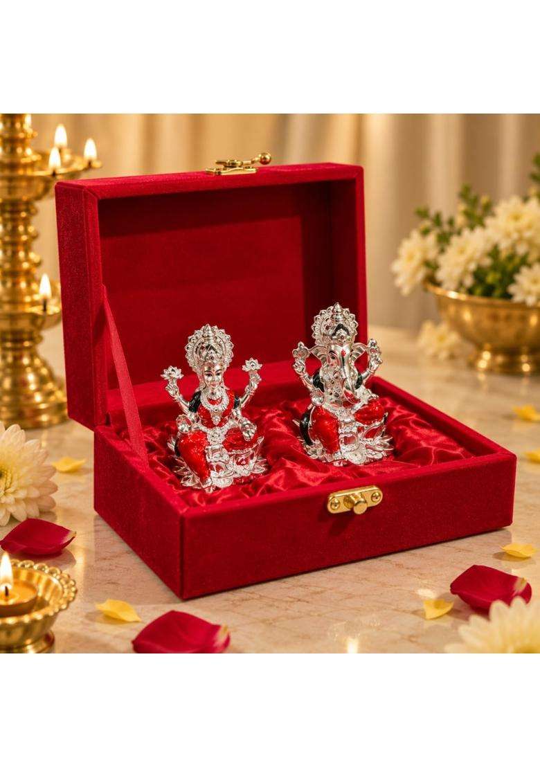 Northland 999 Silver Plated Lakshmi Ganesha Set Gift Hamper 3 Inch in Premium Velvet Gift Box - Indya