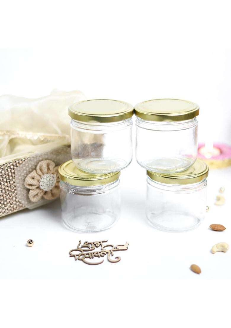 Gifting Best Wishes Multicolor Diwali Gift Basket with 4 Glass Jars and Organza Potli Almonds Cashews - Indya