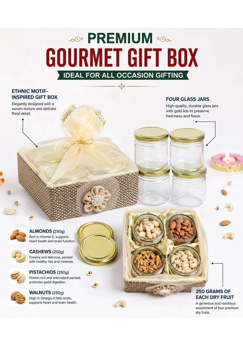Gifting Best Wishes Multicolor Diwali Gift Basket with 4 Glass Jars and Organza Potli Almonds Cashews - Indya