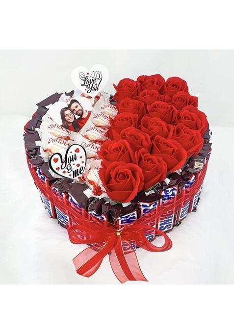 Angroos Red Tasteful Chocolate Wedding Hamper for Couples Decorated with Artificial Flowers and Sweets