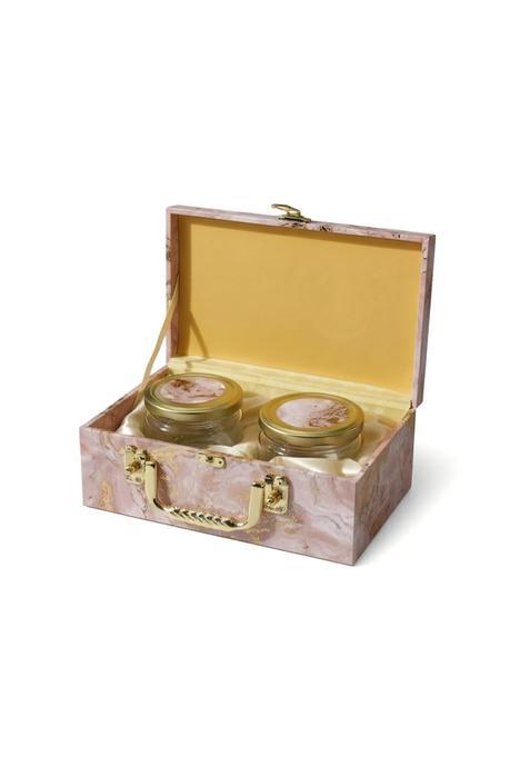 Luxury Pink Marble Gift Box with 2 Empty Jars Gold Foil Suitcase Hamper for Anniversary Wedding and Diwali