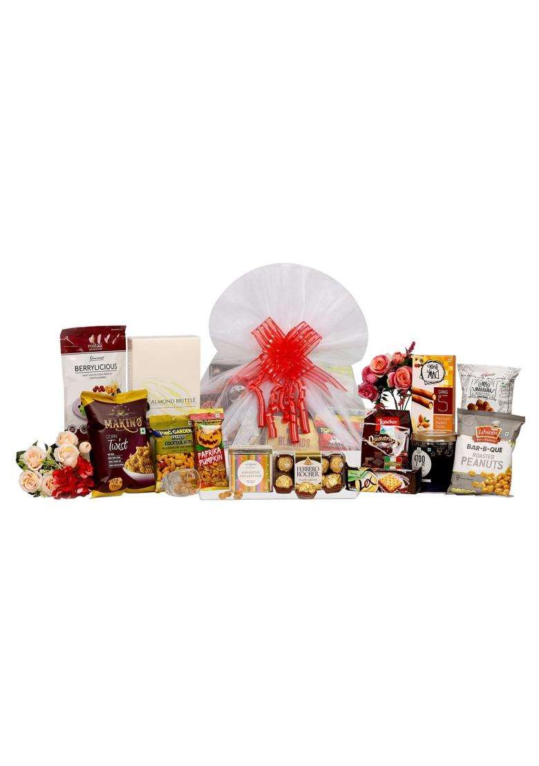 The Gift Tree Tea and Snacks Gourmet Gift Hamper Herbal Tea Ferrero Almond Brittle Popcorn Pack of 13 - Indya