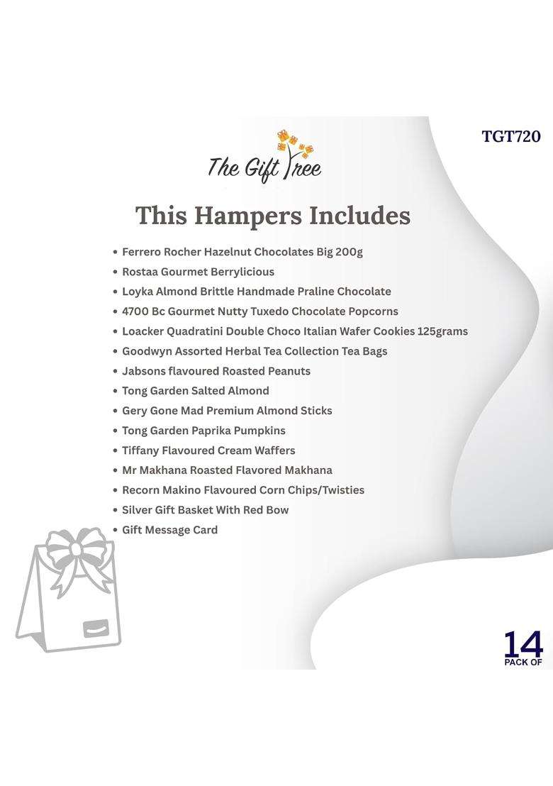 The Gift Tree Tea and Snacks Gourmet Gift Hamper Herbal Tea Ferrero Almond Brittle Popcorn Pack of 13 - Indya