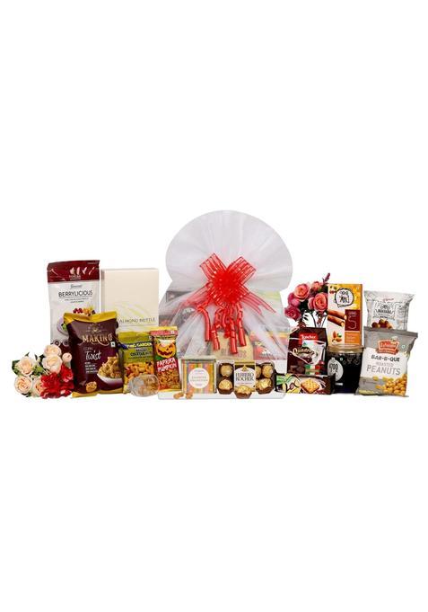 The Gift Tree Tea and Snacks Gourmet Gift Hamper Herbal Tea Ferrero Almond Brittle Popcorn Pack of 13