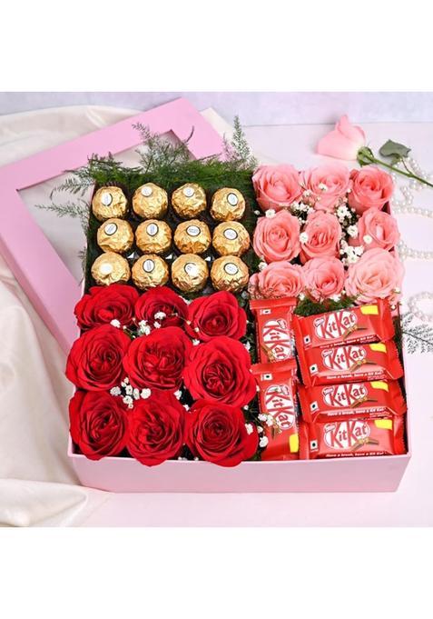 Floweraura Love Special Hamper Includes Fresh Live 18 Mix Roses Flowers with 18 Chocolates in Box