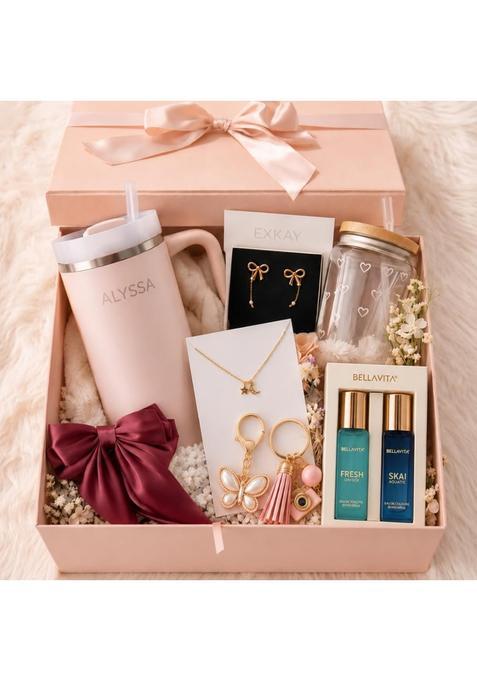 Custom Pink Personalized Gift Hamper for Women Custom Name Tumbler Jewelry Perfume and Premium Gift Box