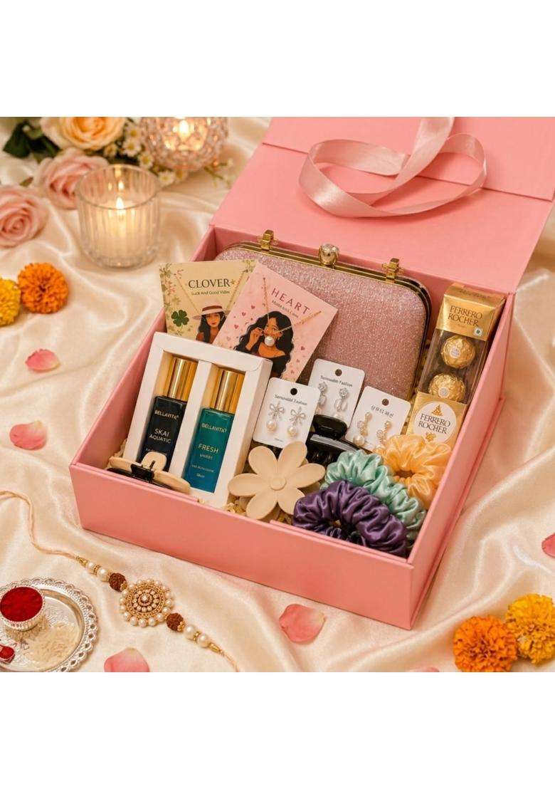 Maroon Luxury Women Festive Gift Hamper Box Ethnic Kurti Clutch Jewellery Perfume and Chocolate Combo - Indya