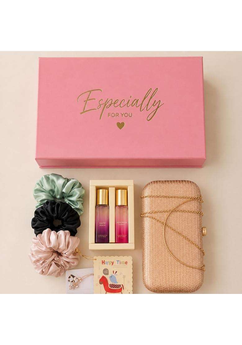Maroon Luxury Women Festive Gift Hamper Box Ethnic Kurti Clutch Jewellery Perfume and Chocolate Combo - Indya