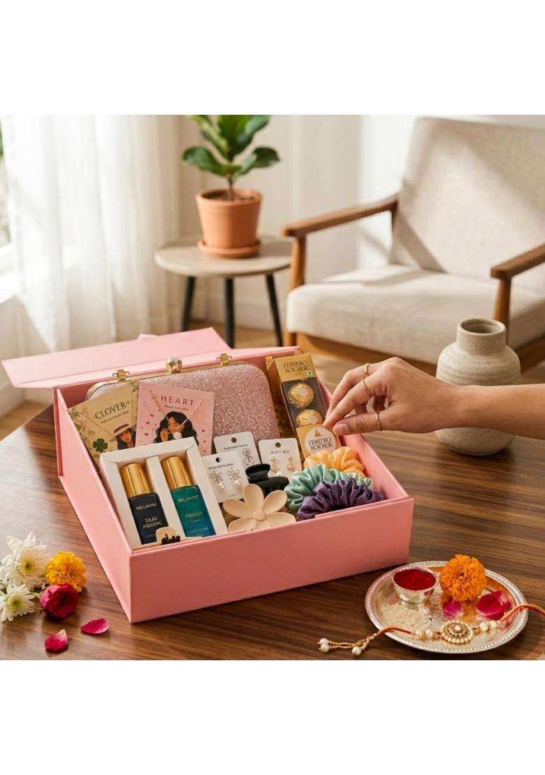 Maroon Luxury Women Festive Gift Hamper Box Ethnic Kurti Clutch Jewellery Perfume and Chocolate Combo - Indya