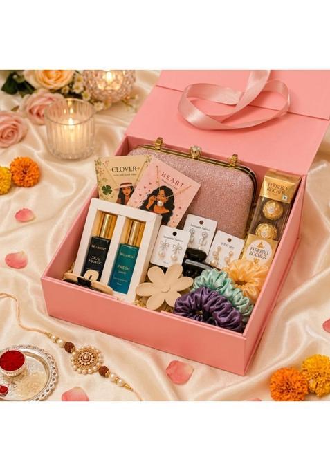 Maroon Luxury Women Festive Gift Hamper Box Ethnic Kurti Clutch Jewellery Perfume and Chocolate Combo