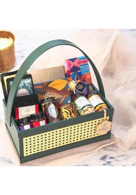 Zoroy Green Luxe Rattan Hamper with Chocolates Dry Fruits Turkish Baklawa Metal Festive Votive Arabica Coffee
