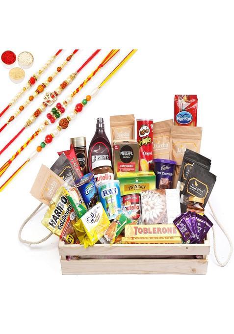 Jaiccha Ghasitaram Rakhi Gifts for Brothers Jumbo Wooden Basket Hamper of 40 Goodies with 5 Rakhis
