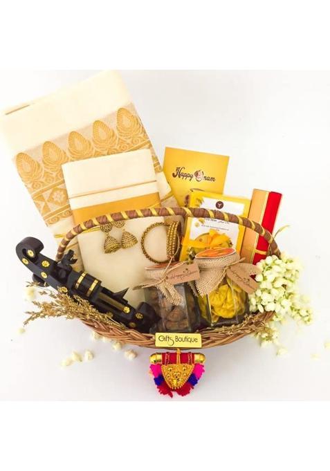 Angroos Yellow Traditional Onam Gift Hamper with Onam Saree and Dhoti Kerala Saree a Boat Fruit Chips