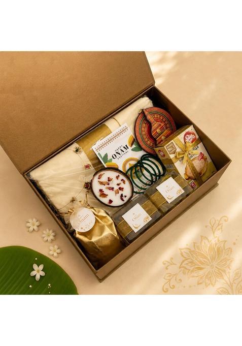 Angroos Onam Gift Hamper for Her Kerala Saree Gift Box with Traditional Jewellery Payasam Mix Banana Chips