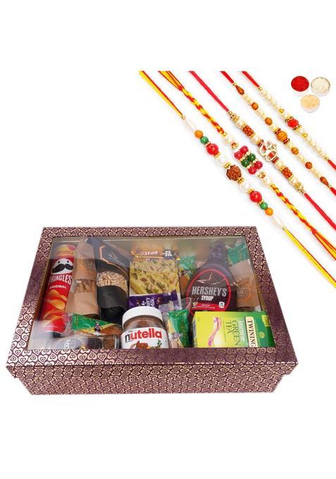 Jaiccha Ghasitaram Rakhi Gifts for Brothers Big Hamper Box of 20 Goodies with Soan Papdi with 5 Rakhis