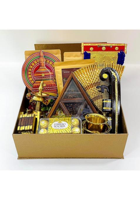 Angroos Golden Beautifully Crafted Kerala Gift with a Kathakali Head Nilavilakku and More