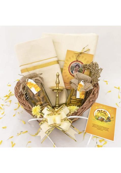 Angroos Yellow Vishu Gift Hamper with Exotic Vishu Sweets and Traditional Vishu Clothings