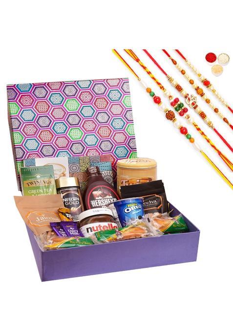 Jaiccha Ghasitaram Rakhi Gifts for Brothers Gourmet Big Hamper Box of 18 Goodies with Assorted Bites with 5