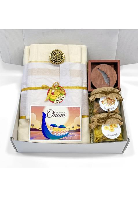 Angroos Onam Cultural Gift Box Kerala Saree and Dhoti Set