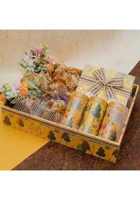 Ghasitaram Gifts Jaiccha Yellow Complete Hamper Basket of 25 Goodies of Sweets Namkeen Dryfruit and Fudge