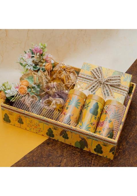 Ghasitaram Gifts Jaiccha Yellow Complete Hamper Basket of 25 Goodies of Sweets Namkeen Dryfruit and Fudge