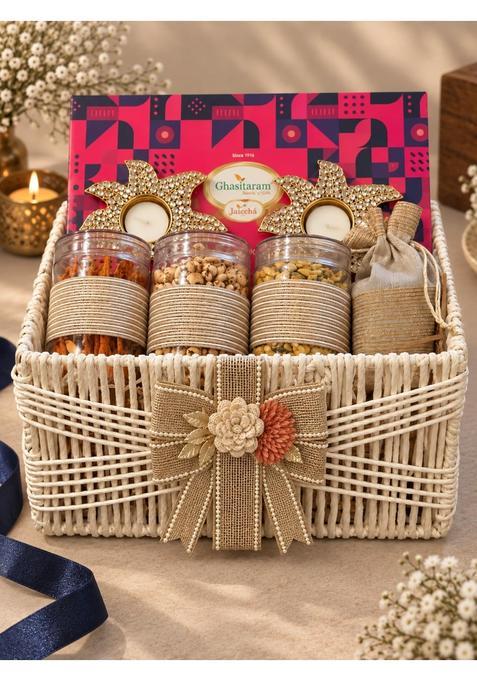Ghasitaram Gifts Jaiccha White Jute Hamper Basket with Bites Namkeen and Dryfruit with Lights
