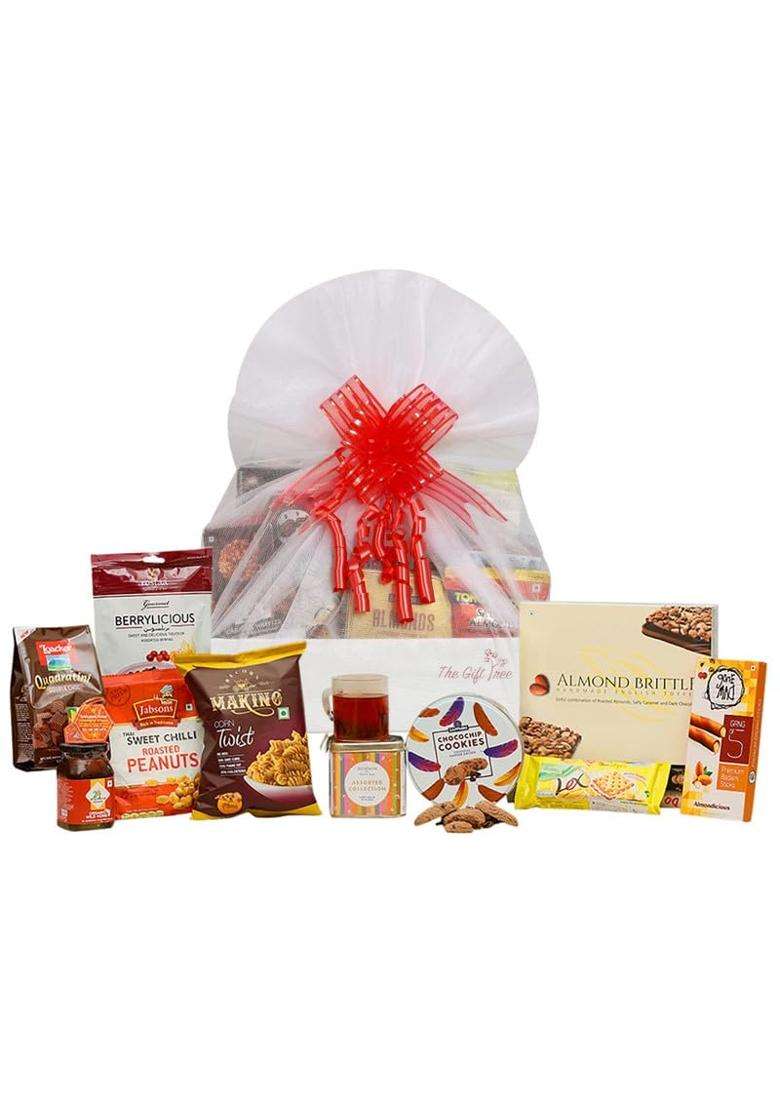 The Gift Tree Tea and Snacks Delight Gift Hamper Almond Brittle Almond Brittle Corn Twist Pizza Pack of 10 - Indya