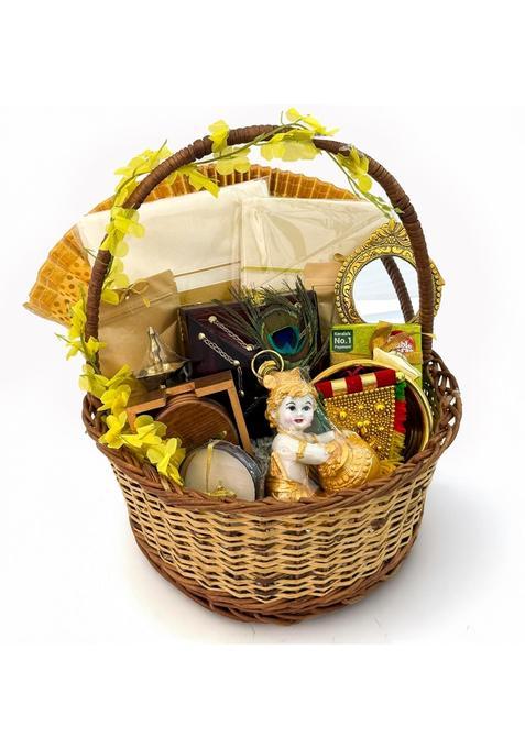 Angroos Yellow Vishu Gift Hamper with Kerala Saree and Dhoti Set Krishna Idol Urli Bowl Kuthuvilakku